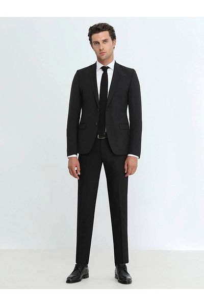 Kip Black Plain Slim Fit Wool Blended Suit
