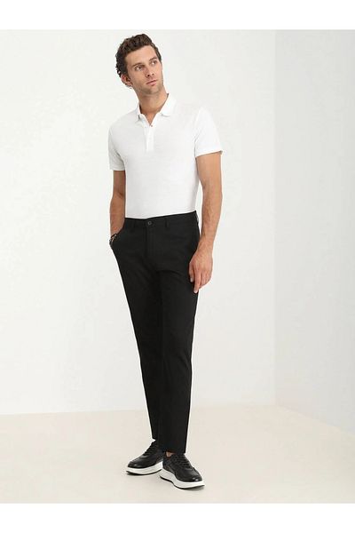 Kip Black Plain Weave Regular Fit Casual Cotton Blend Trousers