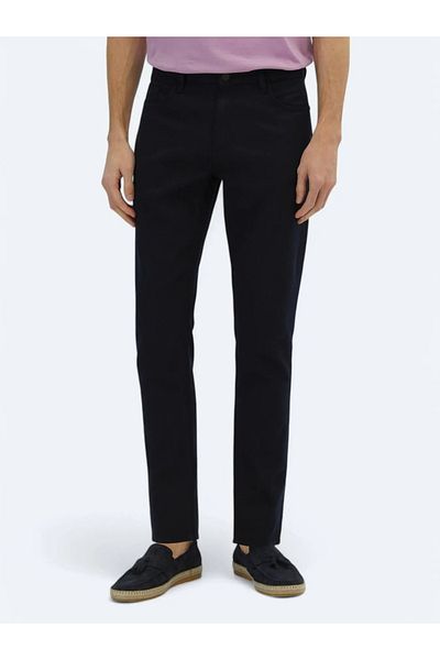 Kip Navy Blue Plain Woven Regular Fit Casual Cotton Blended Trousers