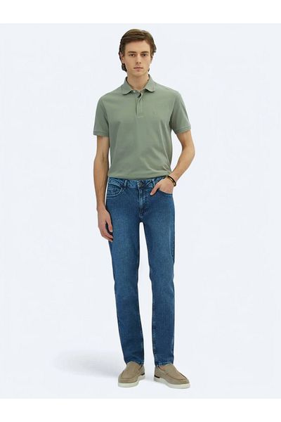 Kip Medium Blue Slim Fit Eco-Friendly Denim Cotton Blended Pants