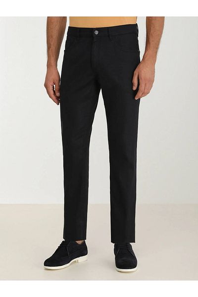 Kip Navy Blue Woven Slim Fit Casual Cotton Blend Trousers
