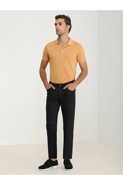 Kip Navy Blue Woven Slim Fit Casual Cotton Blend Trousers