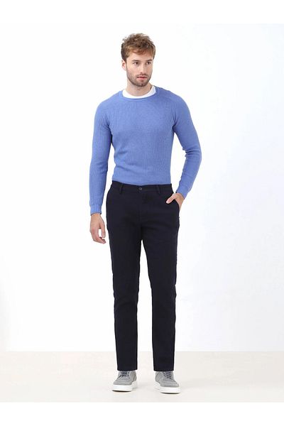 Kip Navy Blue Woven Slim Fit Casual Cotton Blend Trousers