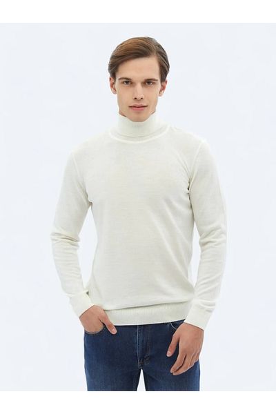 Kip Ecru Full Turtleneck Plain Knit Wool Blended Sweater Sweater