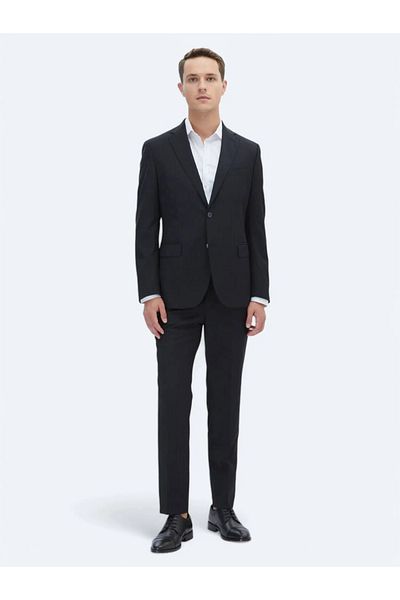 Kip Black Striped Modern Fit Wool Blended Suit