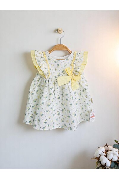çilek bebe Kız Bebek %100 Pamuklu Çiçek Desenli Omzu Fırfırlı Elbise