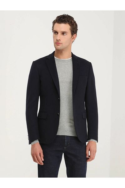 Kip Navy Blue Plain Wool Blend Jacket