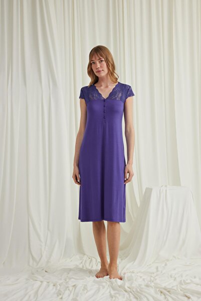 MONAMİSE فستان نوم بأزرار أمامية وأكمام وأكتاف وياقة من الدانتيل