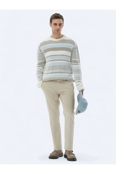 Kip Ecru Crew Neck Patterned Cotton Blend Sweater