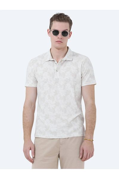 Kip Polo Neck Beige Printed Cotton Blend T-Shirt