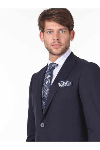 Kip Navy Blue Patterned Slim Fit Suit