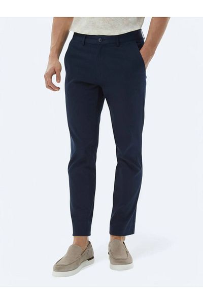 Kip Navy Blue Plain Woven Regular Fit Casual Cotton Blended Trousers