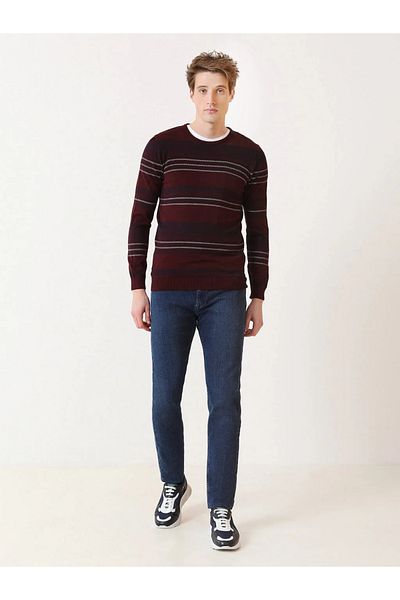 Kip Claret Red Crew Neck Striped Knitwear Sweater