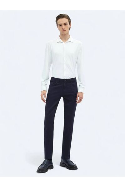Kip Navy Blue Woven Slim Fit Casual Cotton Blend Trousers