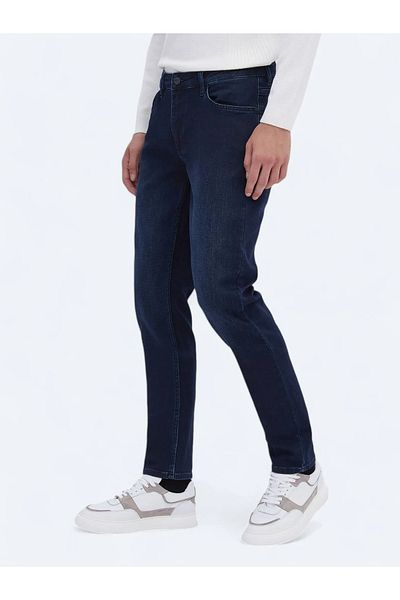 Kip Navy Blue Slim Fit Denim-Cotton Blend Trousers