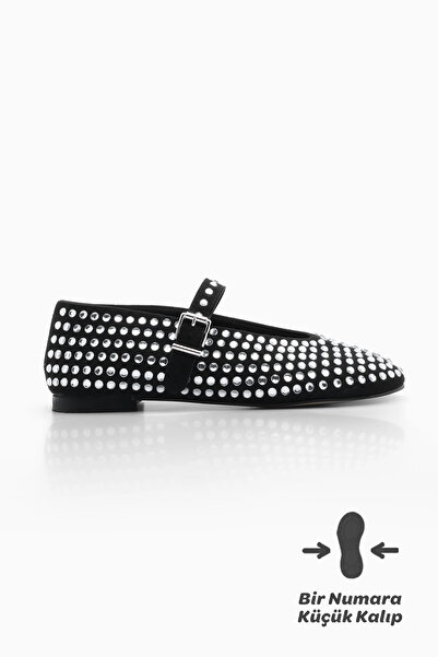 Marjin Kadın Baretli Taşlı Babet Ayakkabı Mary Jane Tevila Siyah