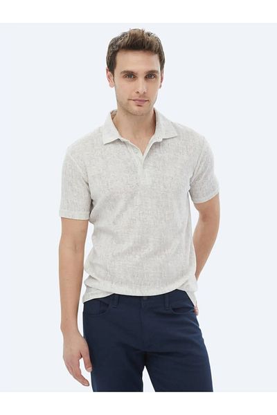 Kip Beige Printed Polo Neck Cotton Blended T-Shirt