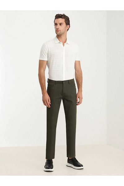 Kip Khaki Straight Woven Slim Fit Casual Cotton Blended Pants