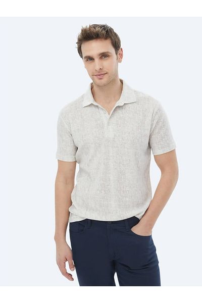 Kip Beige Printed Polo Neck Cotton Blended T-Shirt