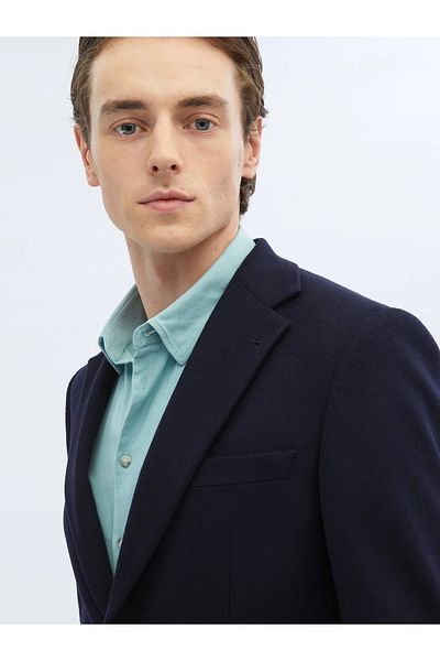 Kip Wool Blended Navy Blue Straight Modern Fit Jacket