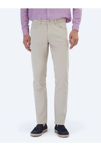 Kip Beige Straight Woven Slim Fit Casual Cotton Blended Pants