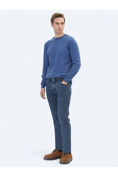 Kip Indigo Crew Neck Plain Knit Cotton Blend Sweater