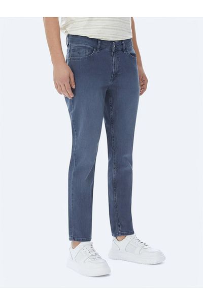 Kip Navy Blue Slim Fit Denim-Cotton Blend Trousers