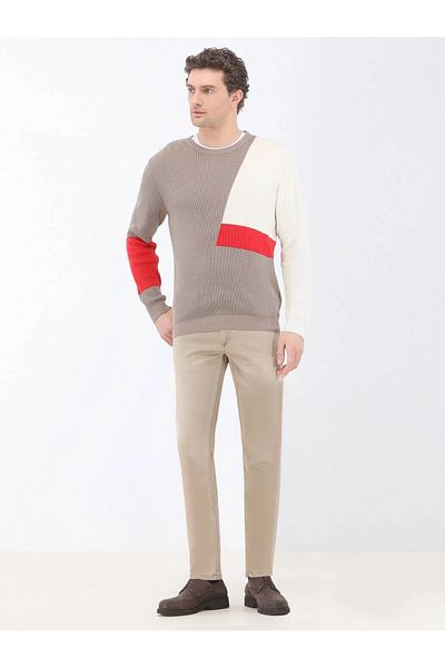 Kip Beige Crew Neck Cotton Blended Sweater Sweater