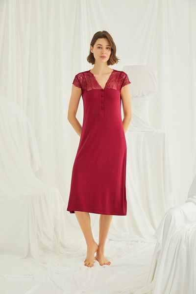 MONAMİSE Monamise Women's Red Lace Collar Buttoned Nightgown 18481