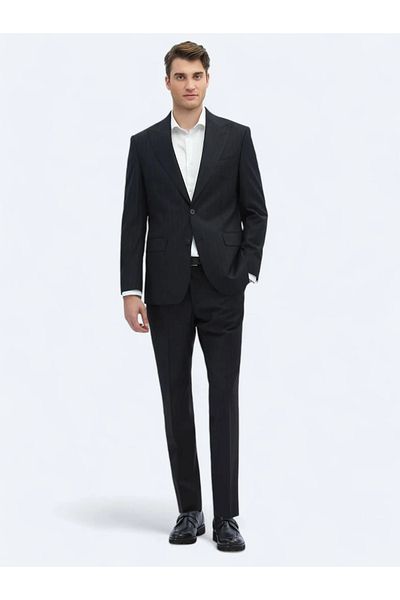 Kip Black Striped Modern Fit Wool Blended Suit