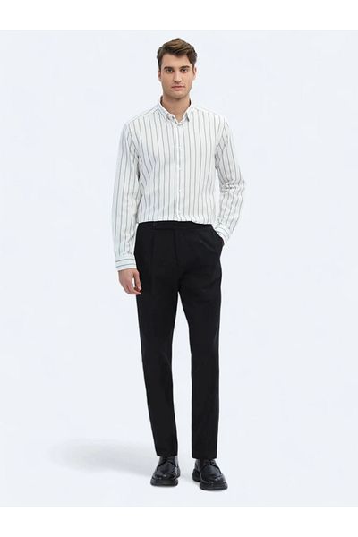 Kip Καφέ ριγέ κανονική εφαρμογή υφαντό casual 100% βαμβακερό πουκάμισο
