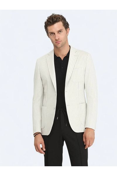 Kip Ecru Striped Modern Fit Cotton Blend Knitted Jacket