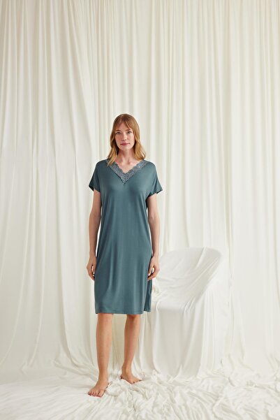 MONAMİSE فستان نوم بأكمام قصيرة مع ياقة من الدانتيل