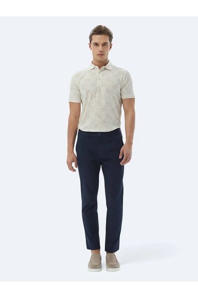 Kip Navy Blue Plain Woven Regular Fit Casual Cotton Blended Trousers