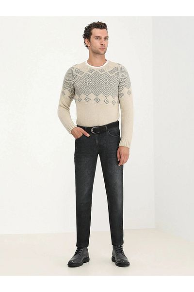Kip Beige Crew Neck Patterned Wool Blended Sweater Sweater