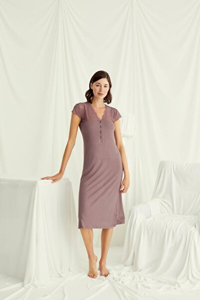 MONAMİSE فستان نوم بأكمام على شكل ياقة وأكتاف من الدانتيل وأزرار أمامية