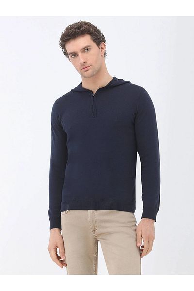 Kip Navy Blue Hooded Cotton Blend Sweater