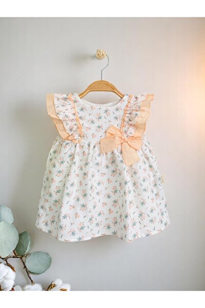 çilek bebe Kız Bebek %100 Pamuklu Çiçek Desenli Omzu Fırfırlı Elbise