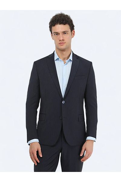 Kip Navy Blue Striped Regular Fit Wool Blended Suit