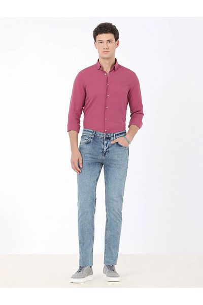 Kip Navy Blue Slim Fit Denim-Cotton Blend Trousers