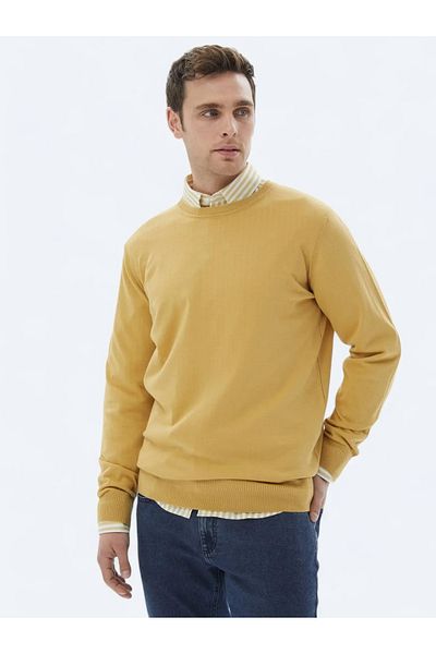 Kip Yellow Crew Neck Plain Knit Wool Blended Sweater