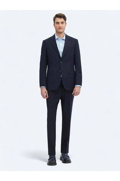 Kip Navy Blue Straight Modern Fit Wool Blended Suit