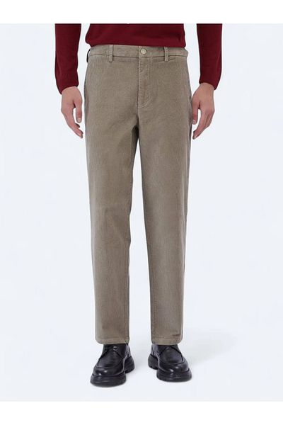 Kip Beige Woven Loose Fit Velvet Casual Cotton Blended Trousers