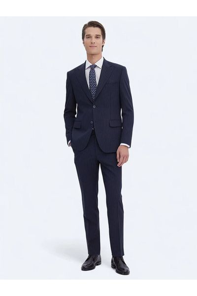 Kip Navy Blue Striped Modern Fit Eco-Friendly Suit