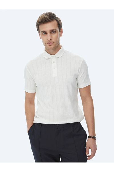 Kip Tricou alb din amestec de bumbac cu gât polo jacquard