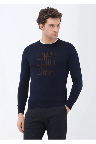 Kip Navy Blue Crew Neck Wool Blended Sweater