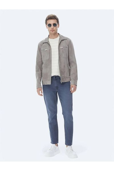 Kip Navy Blue Slim Fit Denim-Cotton Blend Trousers