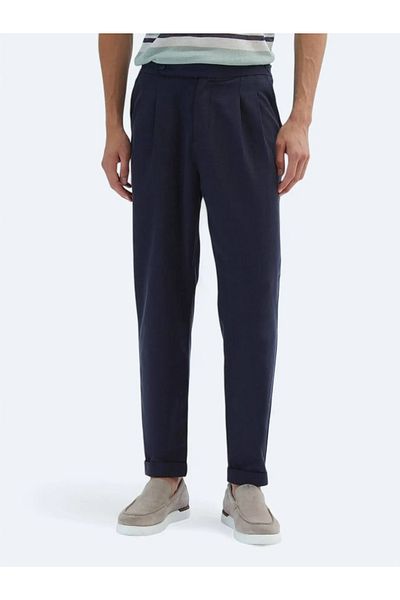 Kip Navy Blue Woven Carrot Fit Casual Cotton Blended Pants