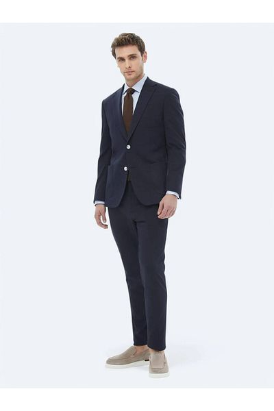 Kip Navy Blue Plain Modern Fit Cotton Blend Knitted Suit