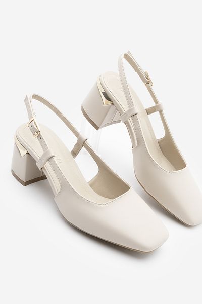 Marjin Damskie buty na grubym obcasie z odkrytymi plecami, klasyczne buty na obcasie Likay ECRU